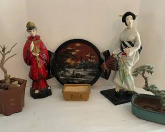Vintage Geisha Figure, Ceramic Woman Statue, Asian Tray, Asian Style Planters w Faux Bonsai Tree