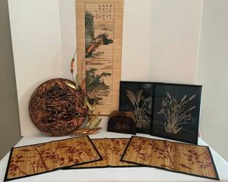 Ceramic Asian Dragon Wall Medallion, Asian Wall Scroll, Sewn Plant Art, Brass Cattails, More