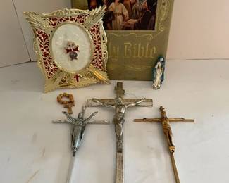 1970s New American Bible, Three Metal Jesus Inri Figures, Other Religious Pieces
