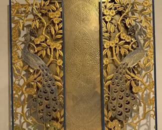Pressed Brass Decorative Tray with Carved Peacock Panels