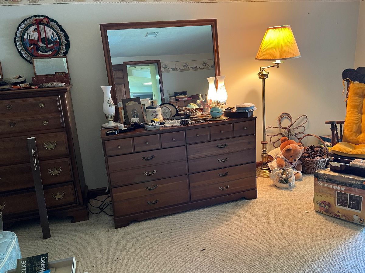 dressers, lamps, antique jewelry boxes, vanity supplies