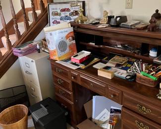 roll top desk, accessories, file cabinet