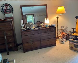 dressers, lamps, antique jewelry boxes, vanity supplies
