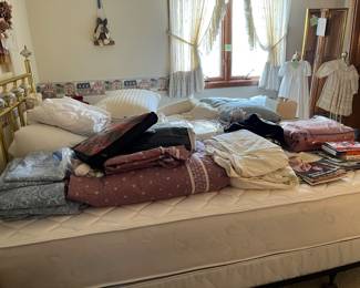 full size bed, mattress, box springs, frame, brass headboard, brass mirror, bedding