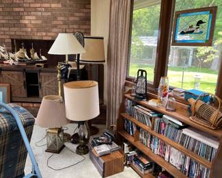 lamps, ships, tv stand, stained glass