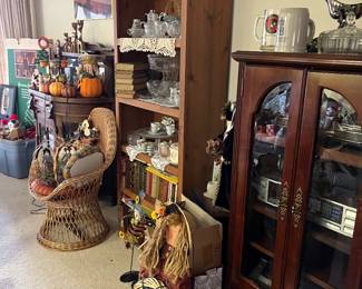 book shelf, tv stand with contents
