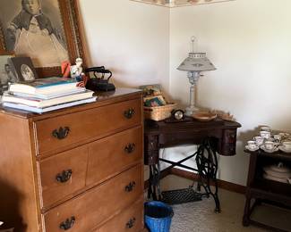 antique sewing machine, dresser, chamber pot with cabinet, tea sets, pic frames