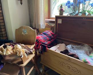 cedar chest and contents, high chair