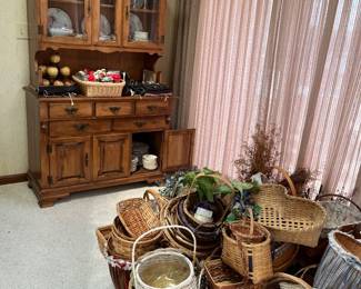 baskets, hutch full of silverware and chine