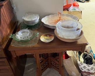 antique table, depression glass