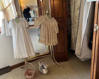 brass mirror, antique baby gowns