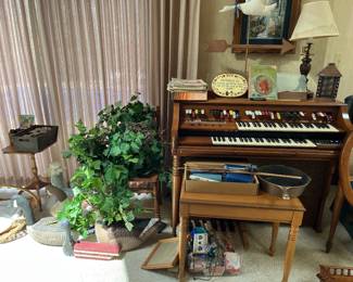 greenery, organ, cast iron skillet