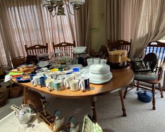 dining table and chairs, mugs, dish sets corelle