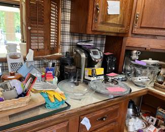 Keurig, kitchen aid mixer, lazy Susan relish dish