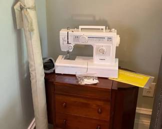 Vintage Mahogany Sewing Cabinet And Yamata Sewing Machine And Bolt Of Fabric