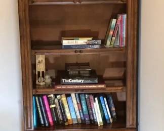 Large Wooden Opentop Bookcase With Glass Shelves Contents