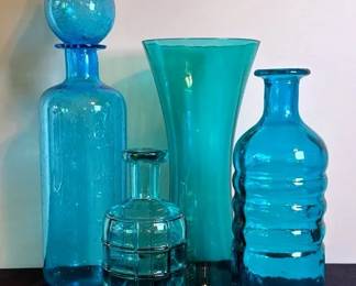 Large Hand Blown Teal Glass Vase, Vintage Blue Bubble Glass Decanter With Matching Topper, More