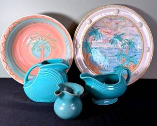 Decorative Plate With HandPainted Beach Scene, Palm Tree Bowl and Turquoise Fiesta Wear
