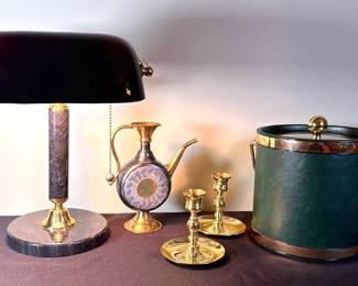 Vintage Style Desk Lamp With Black Glass Shade, Baldwin Solid Brass Candle Stick Holders And More