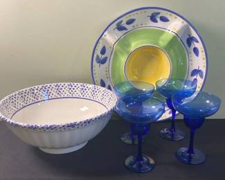 Blue White Bowl, Multi Color Chip Serving Platter And Blue Margarita Glasses