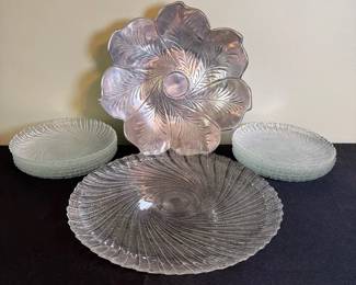 Silver Tone Serving Bowl, Clear Glass Platter 10 Plates Wswirl PatternScalloped Rim