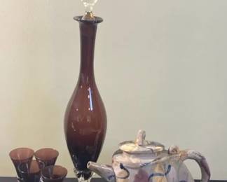 Vintage Amethyst Glass Decanter And Cordial Glasses Studio Art Pottery Teapot