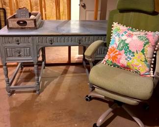Vintage Bluegrey Wash Finish Desk, Rolling Desk Chair, Lilly Pulitzer Pillow And Desk Top Decor