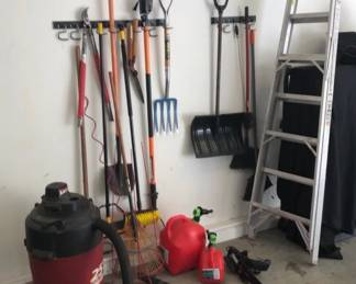 Garage Lot 25 Gallon ShopVac,Davidson 8 Ft Ladder. Kodiak Pitch Fork and Remington Mini Chainsaw