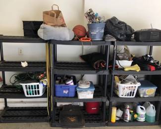 Plastic Storage Shelves And Contents RCA Boombox Extension Cords Basketball Football