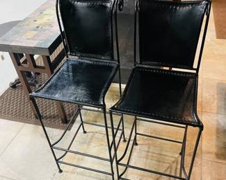 RESTORATION HARDWARE IRON BARSTOOLS WITH LEATHER SEAT AND BACK