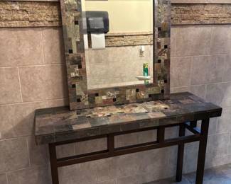 TABLE AND MIRROR IS MADE BY FENTRESS TABLES.  UNIQUE AND ONE OF A KIND HAND CRAFTED SLATE AND NATURAL STONE MOSAIC