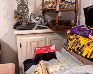 Lamps, side tables, comforters, pillows, blankets