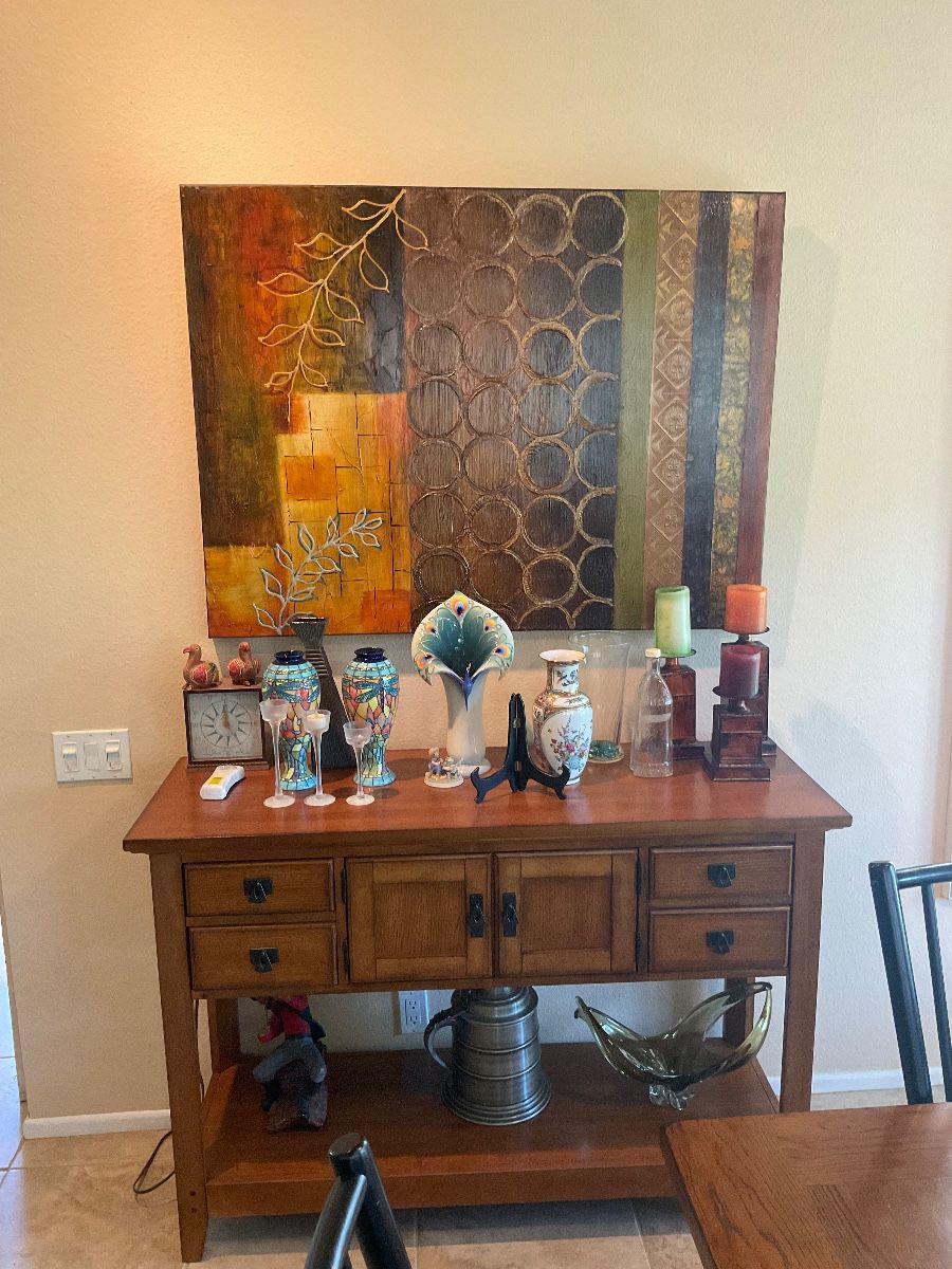 Brown wood sideboard, farmhouse style | Porcelain Vase