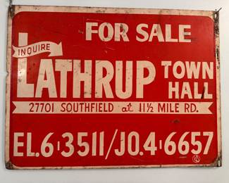 Vintage two sided porcelain Lathrup Village sign.