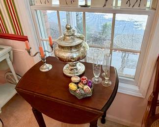 Antique drop leaf side table with drawer.