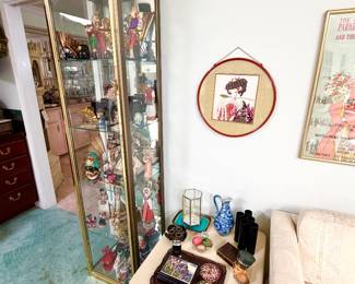 Tall brass and glass lighted display cabinet curio.