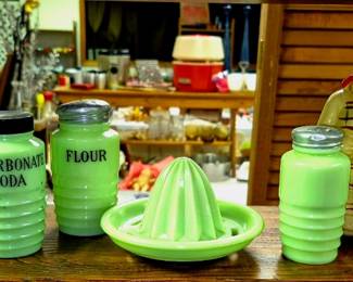 Jadite "Salt", "Pepper", "Bi-Carbonate Soda" and "Flour" shakers plus other Jadite items