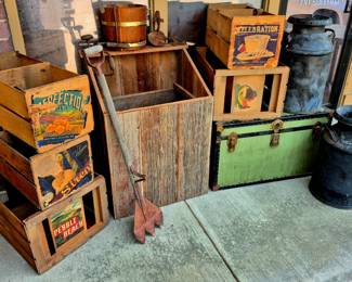 Primitive wood crates, barn wood bin and primitive tools