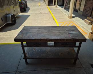 Butcher block table on iron base w/ 2 galvanized steel drawers