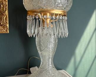 Pair of Vintage Cut Glass Dome Boudoir Lamp Starburst Prism Light