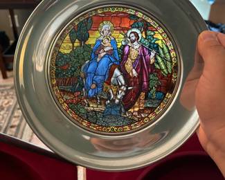 Pewter stained glass plate with original box-1982