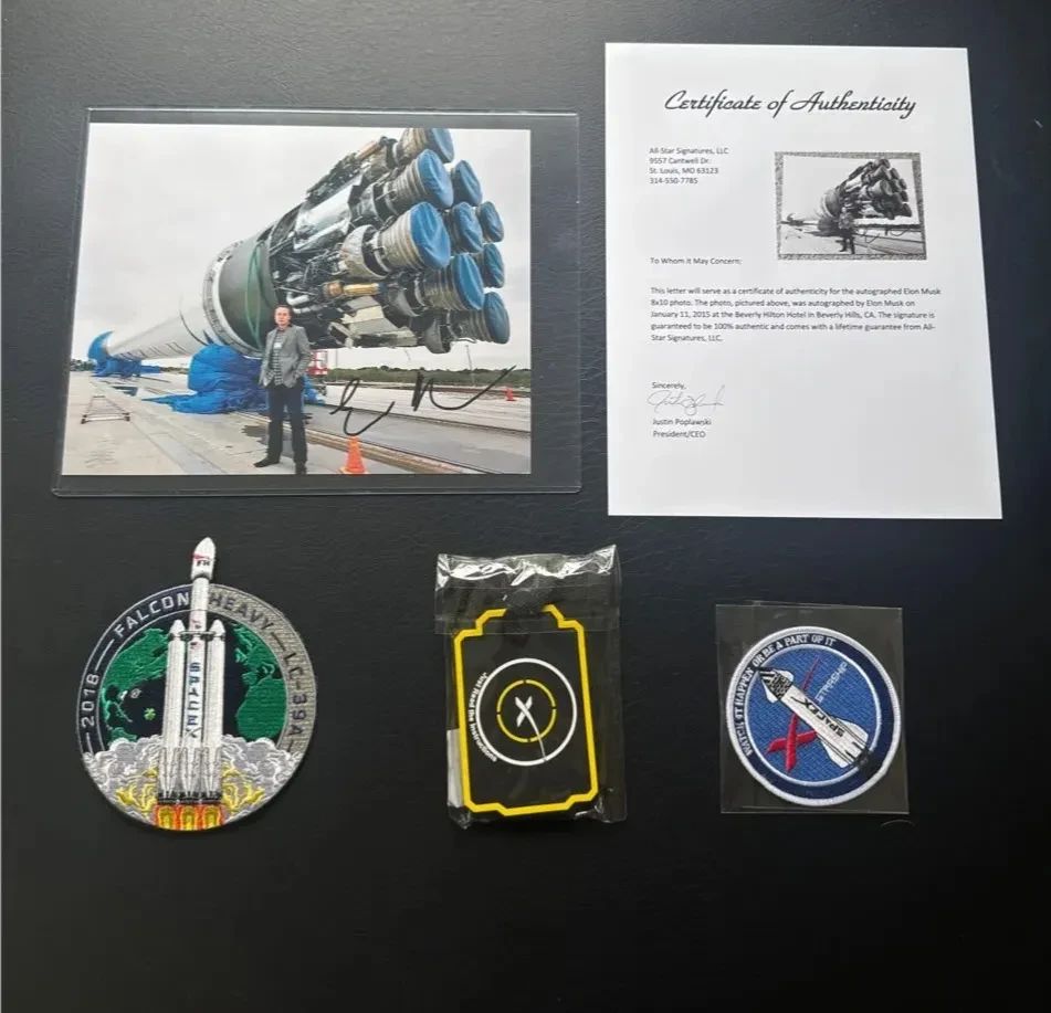001 Authenticated Signed Elon Musk SpaceX Photo Patches, Luggage Tags