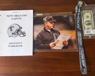New Orleans Saints Memorabilia Offensive Workbook, Coach Photo, Super Bowl Pin, Lanyard