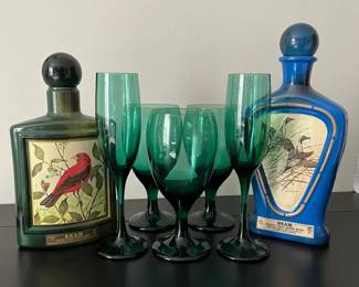 Vintage Jim Beam Decanters, Libby Green Glass Goblets, Champagne Flutes