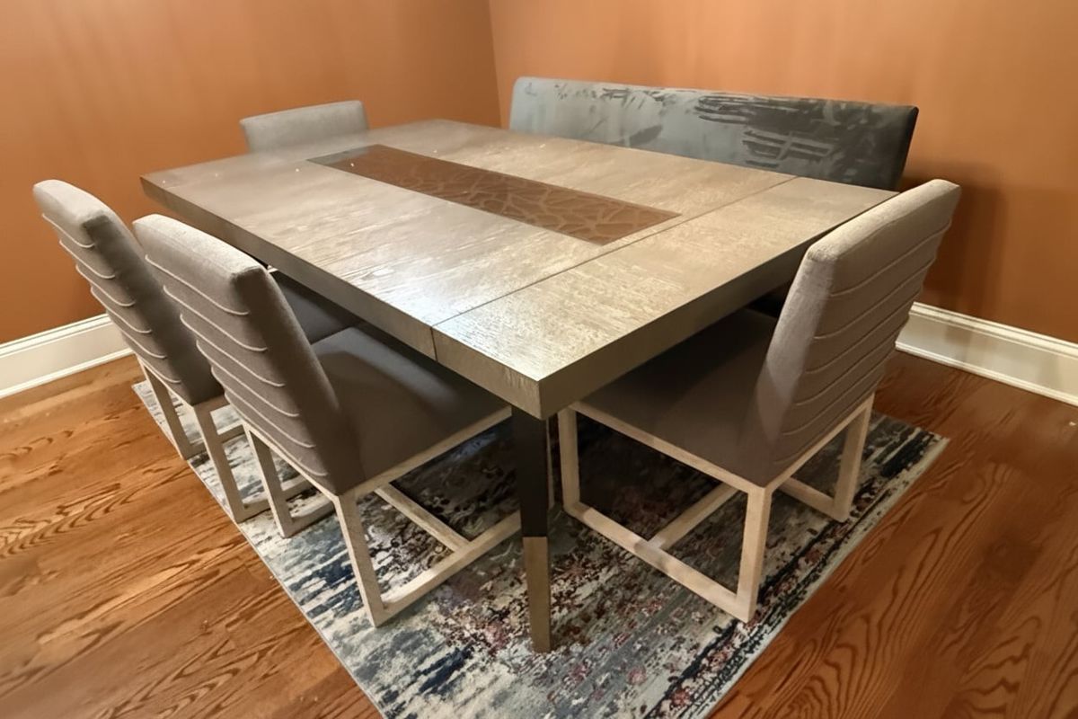 Universal Furniture Robards Brown Rectangular Dining Table with Bronze Style Dining Set