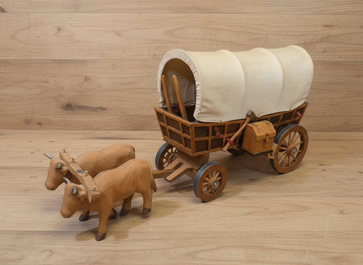 Handcrafted Wooden Covered Wagon Model with Oxen