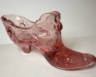 Fenton Pink Cabbage Rose Glass Shoe Figurine