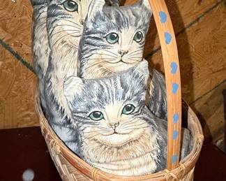 Fabric Cat Pillows in Woven Basket