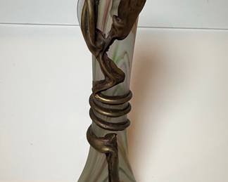 Art Nouveau Style Swirled Glass Vase with Applied Metal Vine