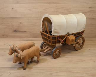 Handcrafted Wooden Covered Wagon Model with Oxen